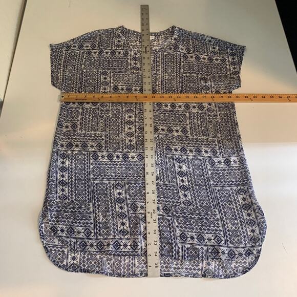 J Jill Blouse Women S Small Multi Split Neck Geometric Short Sleeve Sheer Tunic - Picture 7 of 12